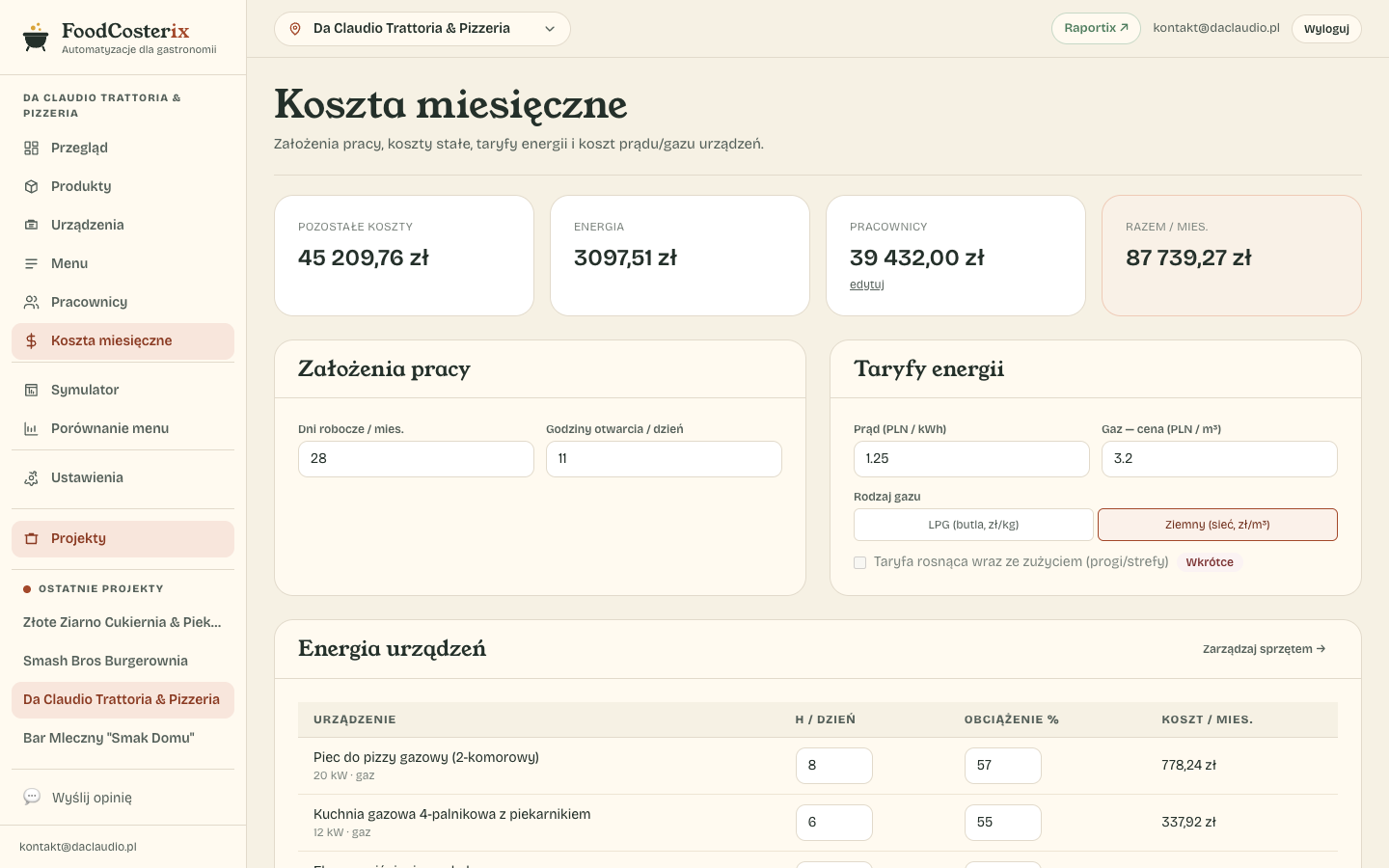 Koszty miesięczne: założenia pracy, taryfy energii i energia urządzeń