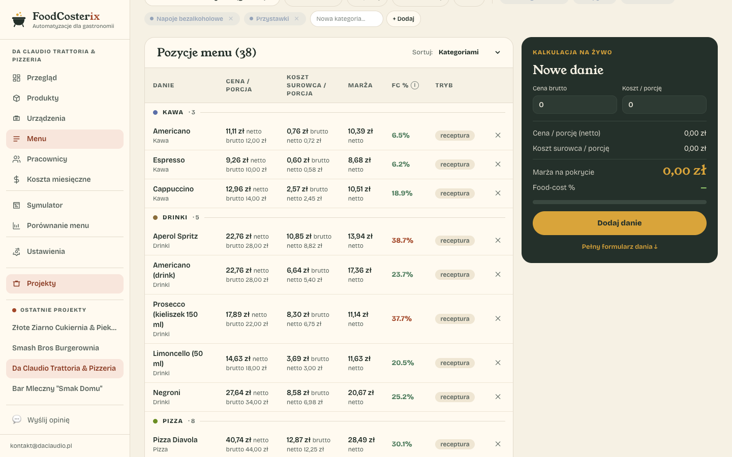Tabela pozycji menu z ceną, kosztem surowca, marżą i food-costem